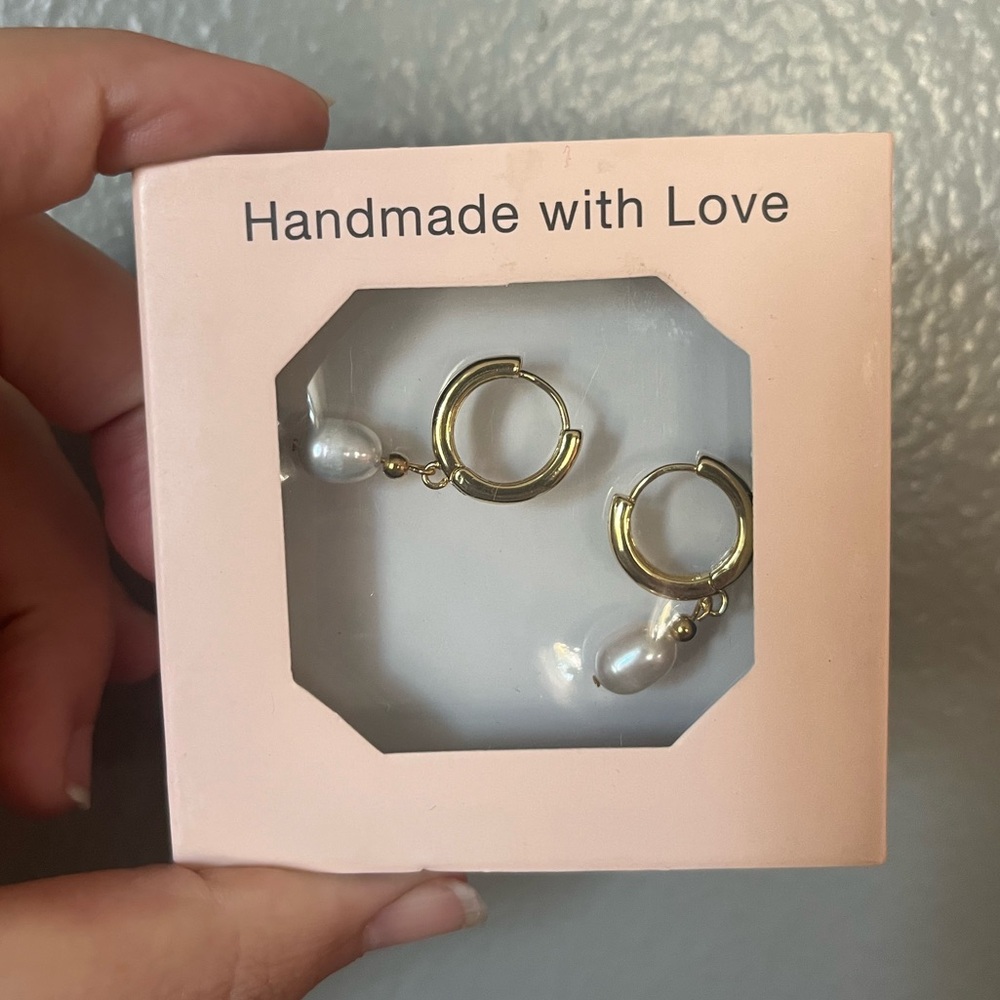 Handmade Gold plated Hoop Earrings with White freshwater Pearl Drops